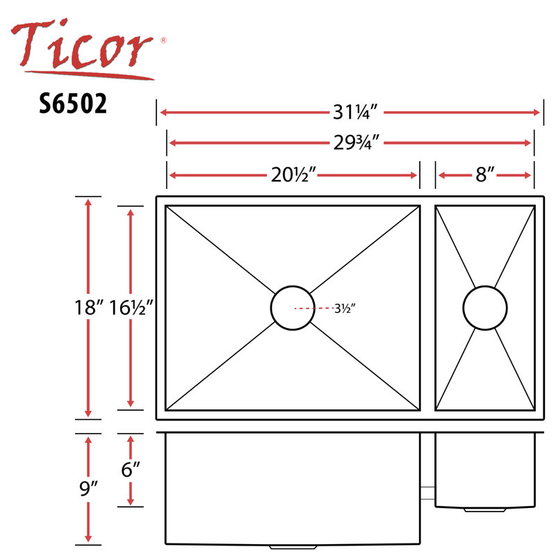 Ticor Sinks Pacific Series 31.25'' L Undermount Double Bowl Stainless